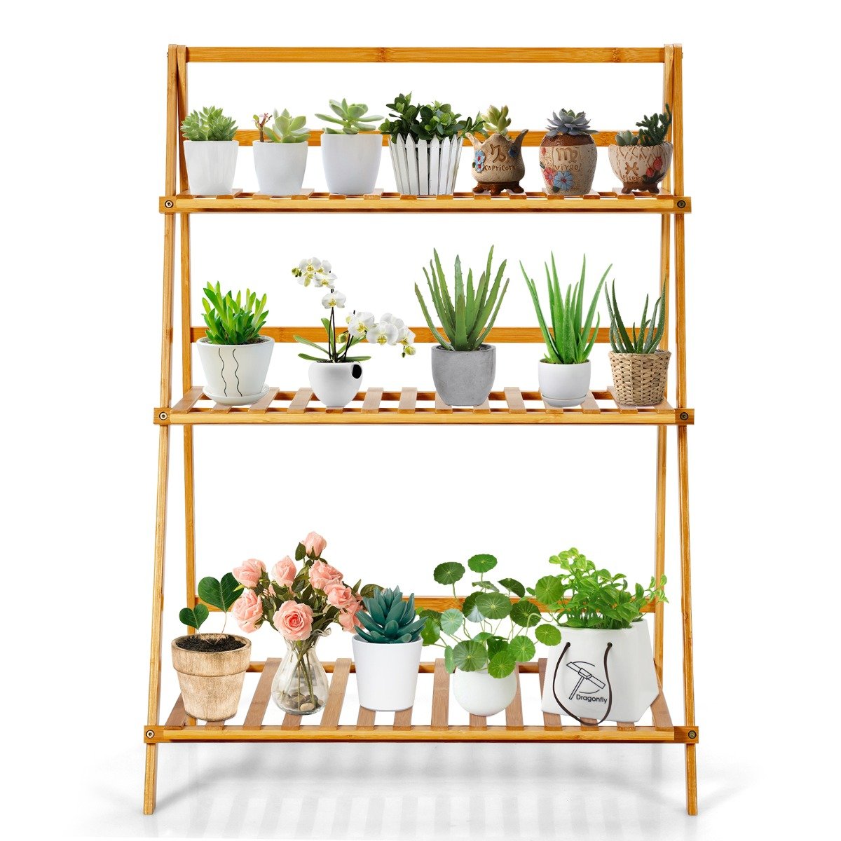 Suporte dobrável de bambu para plantas, ideal para jardim.