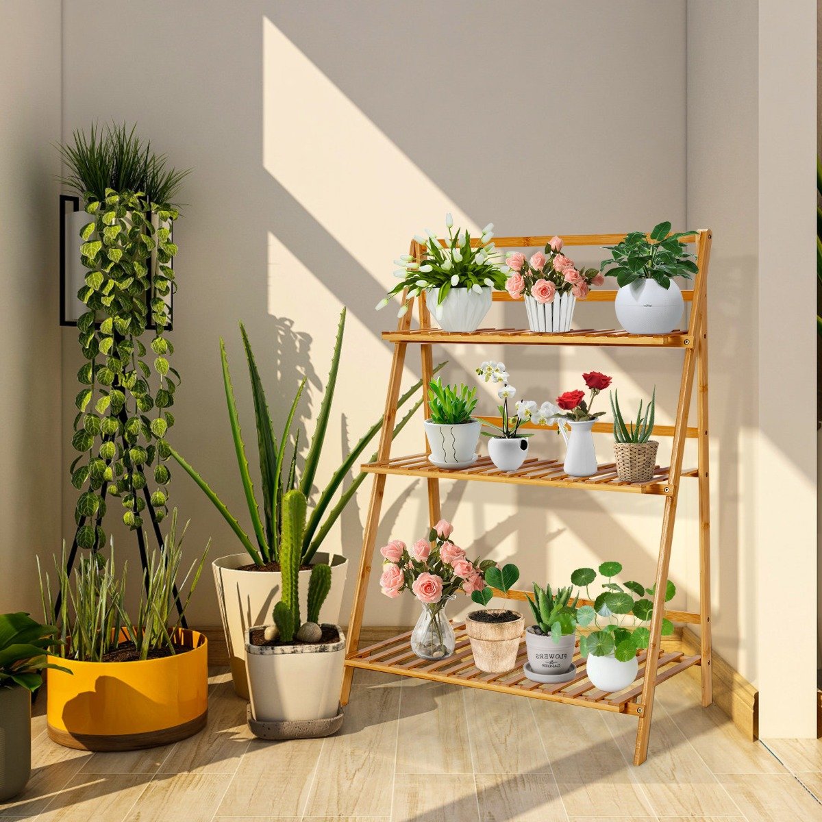 Suporte dobrável de bambu para plantas, ideal para jardim. - Image 2