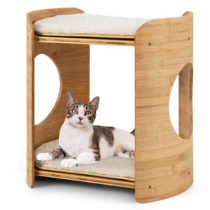 Árvore para gatos pequena e charmosa de 2 andares para gatos de interior com estrutura de bambu natural - Bege