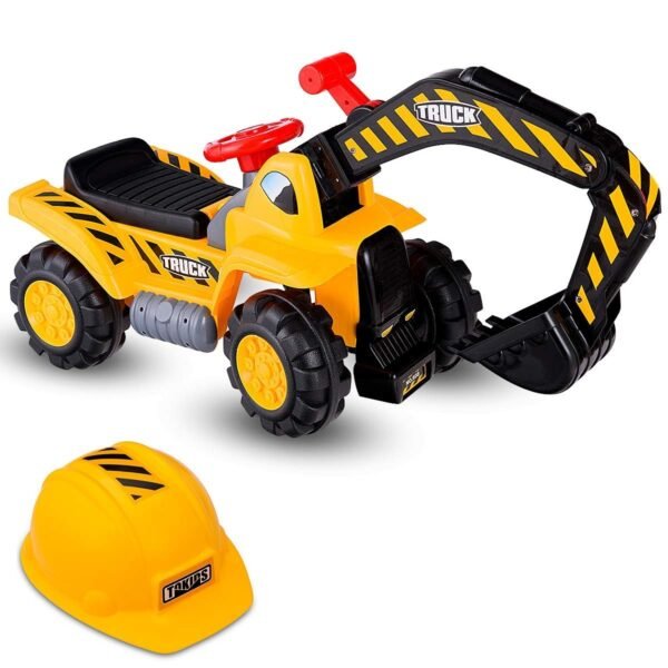 Escavadeira infantil com capacete de segurança e pedras de brinquedo.