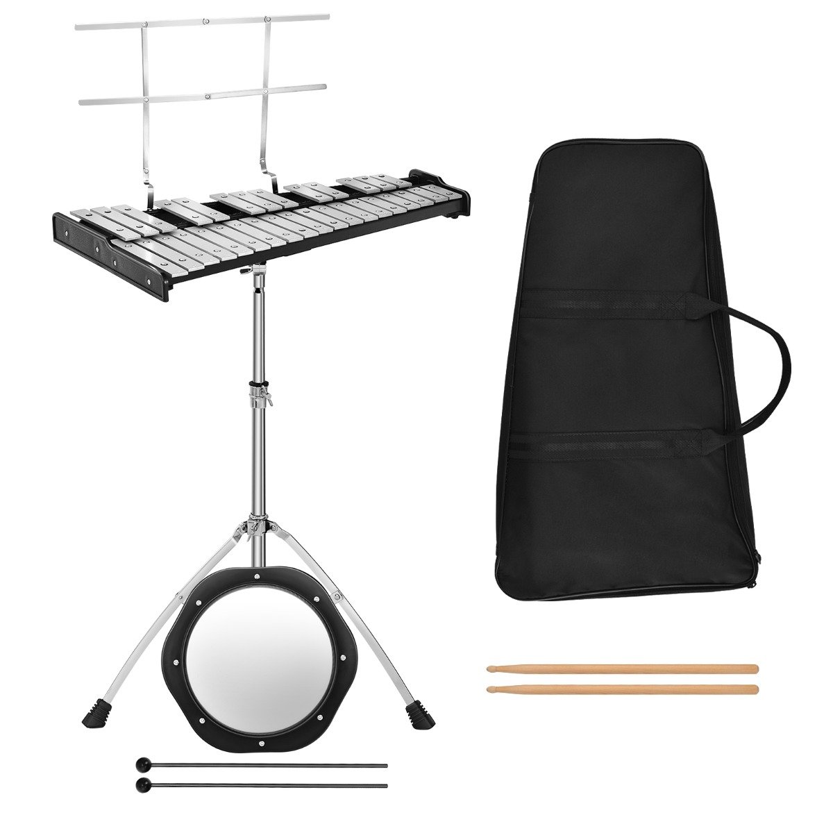 Instrumento de percussão dobrável de 32 notas com suporte ajustável para amantes da música.