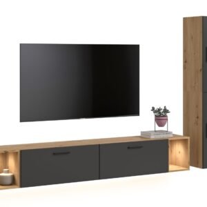 Xonox Conjunto de sala com iluminação - acabamento carvalho Artisan e Basalt acabamento, 259x182x34 cm