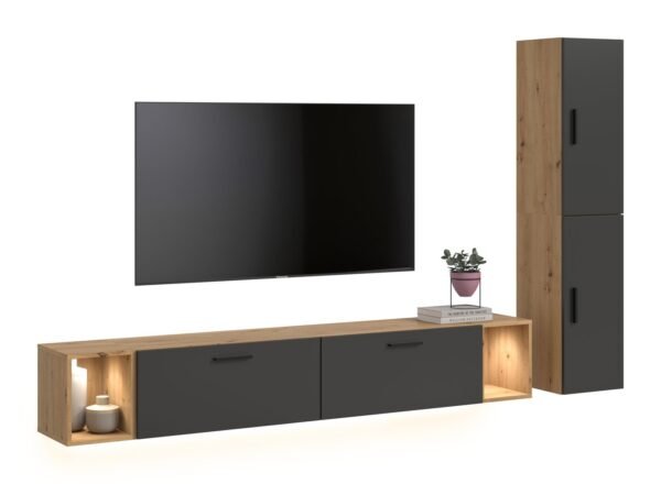 Xonox Conjunto de sala com iluminação - acabamento carvalho Artisan e Basalt acabamento, 259x182x34 cm