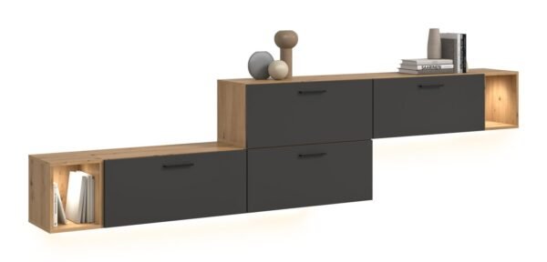 Xonox Conjunto de sala com iluminação - acabamento carvalho Artisan e Basalt acabamento, 276x97x34 cm