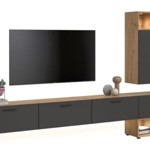 Xonox Conjunto de sala com iluminação - acabamento carvalho Artisan e Basalt acabamento, 300x178x34 cm