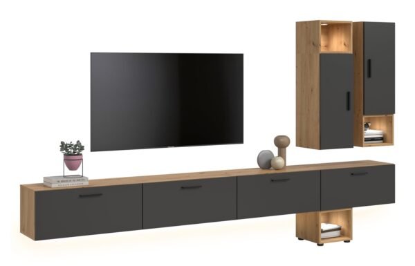 Xonox Conjunto de sala com iluminação - acabamento carvalho Artisan e Basalt acabamento, 300x178x34 cm