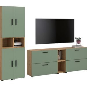 Xonox Combinação de sala - acabamento carvalho Artisan e acabamento verde fumo, 259x182x34 cm