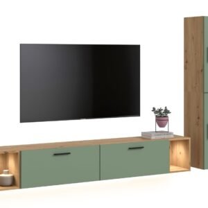 Xonox Conjunto de sala com iluminação - acabamento carvalho Artisan e acabamento verde fumo, 259x182x34 cm