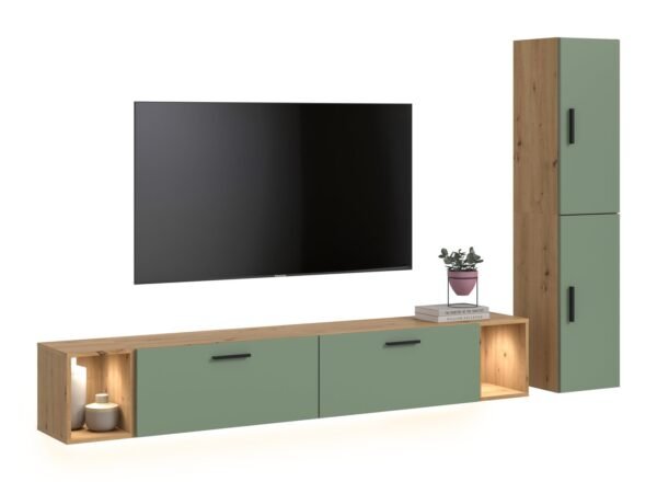 Xonox Conjunto de sala com iluminação - acabamento carvalho Artisan e acabamento verde fumo, 259x182x34 cm