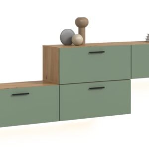 Xonox Conjunto de sala com iluminação - acabamento carvalho Artisan e acabamento verde fumo, 276x97x34 cm