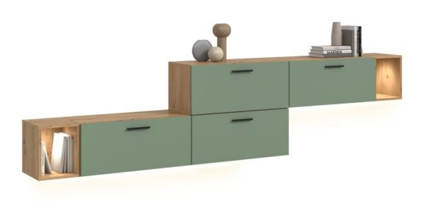 Xonox Conjunto de sala com iluminação - acabamento carvalho Artisan e acabamento verde fumo, 276x97x34 cm