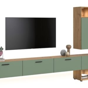 Xonox Conjunto de sala com iluminação - acabamento carvalho Artisan e acabamento verde fumo, 300x178x34 cm