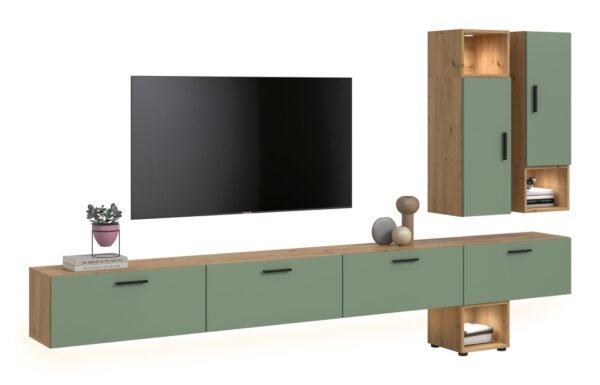Xonox Conjunto de sala com iluminação - acabamento carvalho Artisan e acabamento verde fumo, 300x178x34 cm