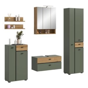 Xonox Combinação de banho com iluminação - acabamento verde sálvia e acabamento carvalho Evoke, 207x191x35 cm
