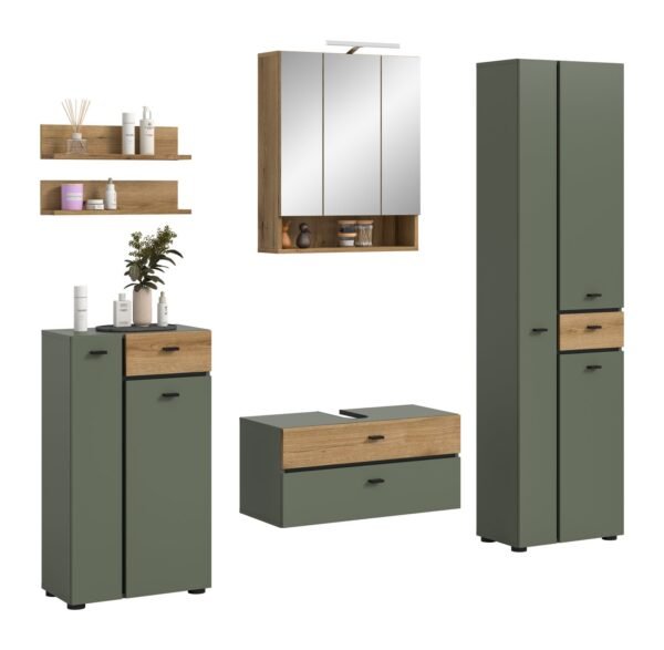 Xonox Combinação de banho com iluminação - acabamento verde sálvia e acabamento carvalho Evoke, 207x191x35 cm