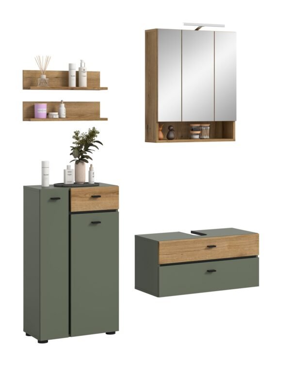Xonox Combinação de banho com iluminação - acabamento verde sálvia e acabamento carvalho Evoke, 141x191x35 cm
