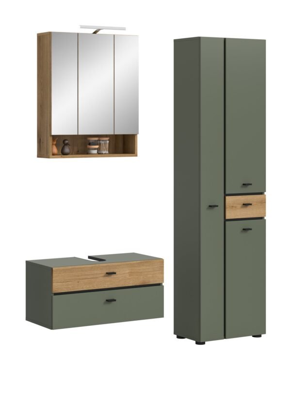 Xonox Combinação de banho com iluminação - acabamento verde sálvia e acabamento carvalho Evoke, 141x191x35 cm