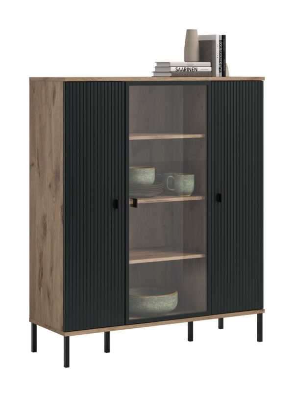 Xonox Aparador alto - preto moldado acabamento e efeito carvalho Nox, 115x137x41 cm