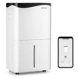Desumidificador doméstico com 4 modos, capacidade de 50 litros por dia, nas cores branco e preto.